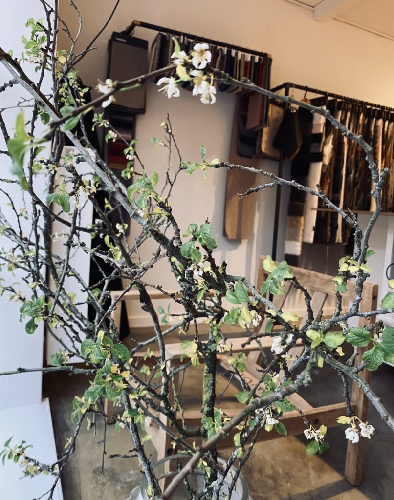 Værksted hos møbelpolstrer i Odense med blomstrende gren og stofprøver i baggrunden
